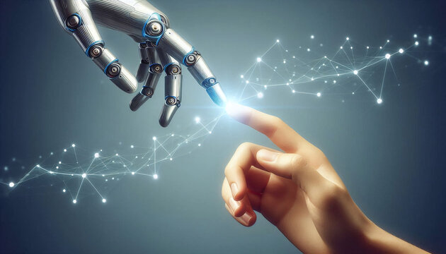 The human finger delicately touches the finger of a robot's metallic finger. Concept of harmonious coexistence of humans and AI technology