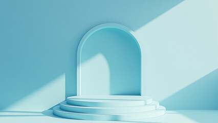 Obraz premium Elegant Modern Blue Architectural Background with Arched Doorway and Steps, Minimalist Design, Abstract Interior, Soft Shadows, Ideal for Holiday Promotions, Brochures, Posters, and Invitations