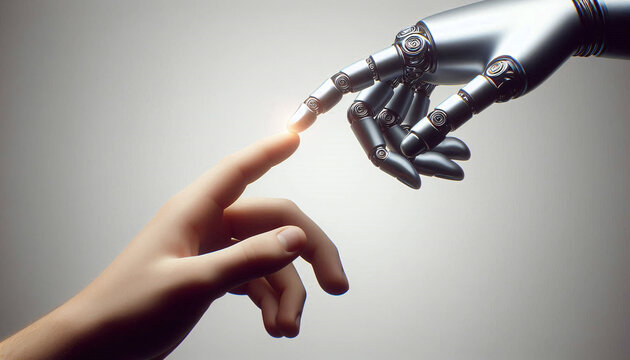 The human finger delicately touches the finger of a robot's metallic finger. Concept of harmonious coexistence of humans and AI technology