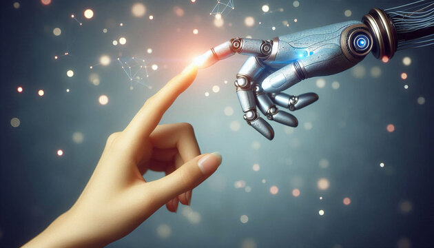 The human finger delicately touches the finger of a robot's metallic finger. Concept of harmonious coexistence of humans and AI technology