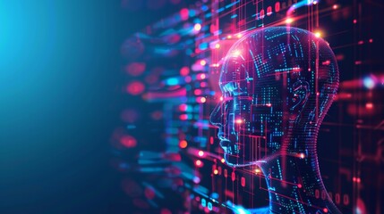 Futuristic digital human head with binary codes, representing AI, technology, and data intelligence in a conceptual illustration.