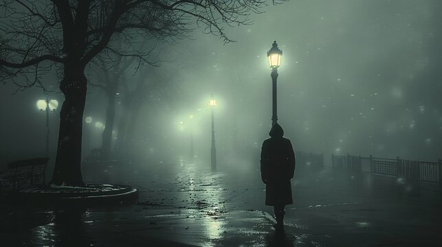 Mysterious shadowy figure standing under a flickering streetlamp in a deserted street