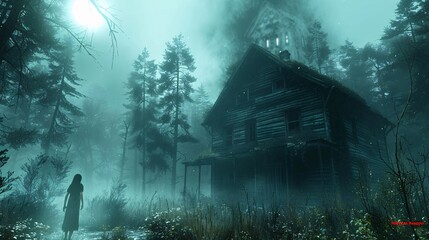 Spooky forest clearing with an old, abandoned cabin and shadowy figures