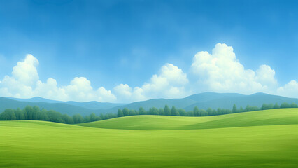 Fototapeta premium Serene Rolling Hills Landscape Under Blue Sky With Fluffy Clouds Tranquil Scenic Views Green Fields And Distant Forest Perfect For Nature Themes And Outdoor Designs Spring Or Summer Holiday Background