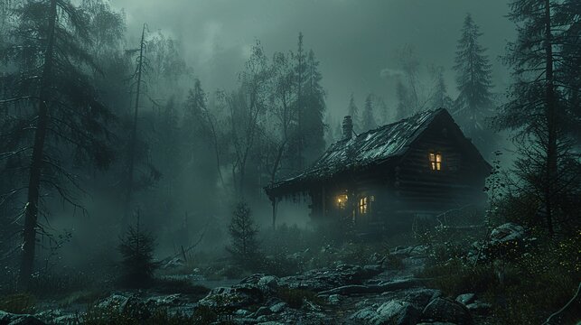 Spooky forest clearing with an old, abandoned cabin and shadowy figures