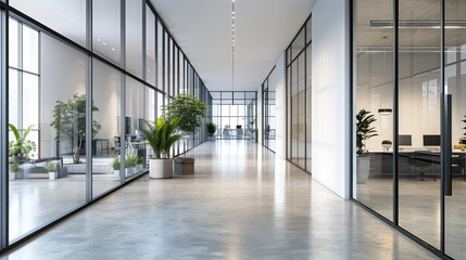 Fototapeta premium Spacious Empty Office Corridor with White Walls, Glass Windows, and Modern Design Elements - Black Metal Window Frames, Polished Concrete Floors, Lined with Indoor Plants, Clean Professional Lighting