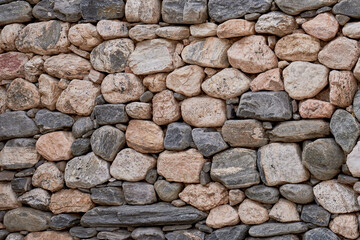 Stone wall texture background with different sized gray and beige stones,