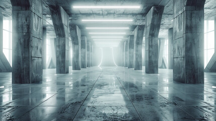 Fototapeta premium Empty Futuristic Modern White Glowing Windows: Along the walls of the corridor, there are futuristic, modern white glowing windows. These windows emit a soft, ambient light that contrasts with the rug