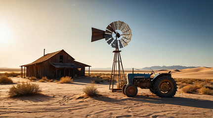 Windmill, barn and tractor on farm in the desert © Jason