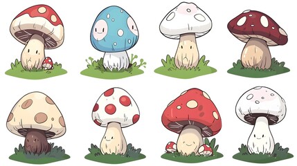 Whimsical Illustrated Cartoon Mushrooms in a Lush Forest Meadow