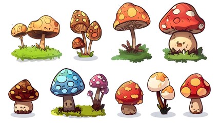 Fototapeta premium Whimsical Cartoon Mushroom Cluster in Fantasy Forest Landscape