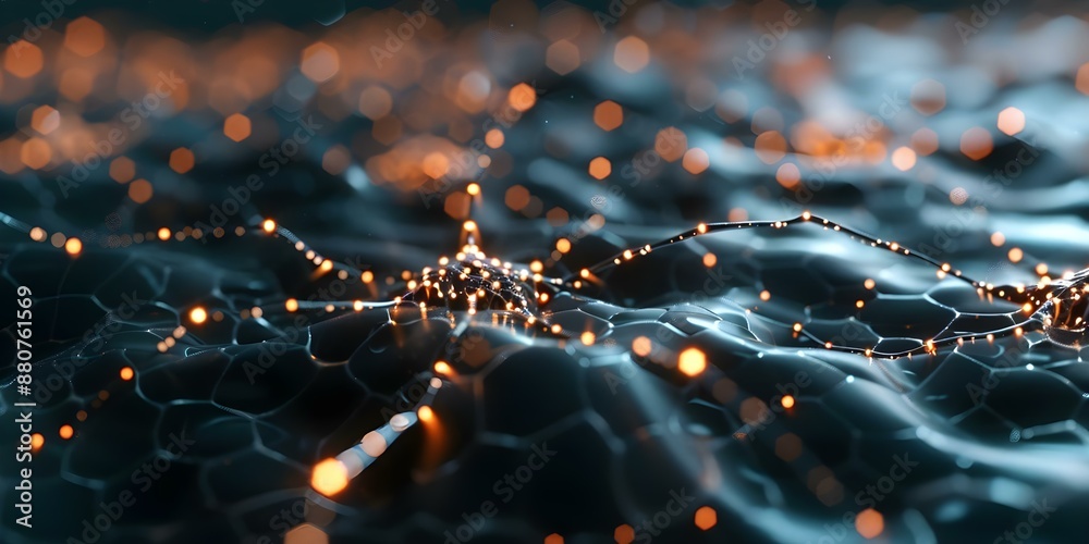Poster neural network illustration with glowing neurons and synapses representing complex thought. concept 