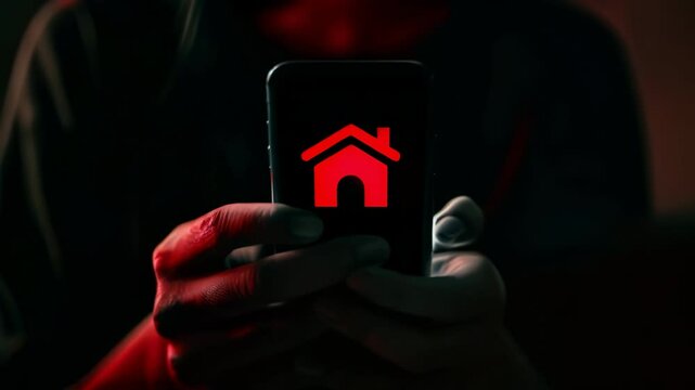 Man holding phone with red glowing house icon . Real estate fraud and scam. Deception in transactions. Shady agent, broker and realtor concept