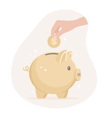 A hand putting a coin into a golden piggy bank. Flat vector illustration