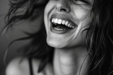 Happy female model laughing black and white portrait. Beautiful laughing woman face. Pretty girl laughs.