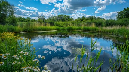 Calm Pond with Blue Sky Reflection.