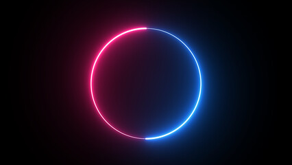 Round neon blue and pink and green frame against the black background of following .frame made of  moving neon lights. Empty frame electric power round border glowing, burning flame sign.