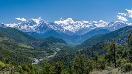 Majestic Mountain Range with Snow-capped Peaks.