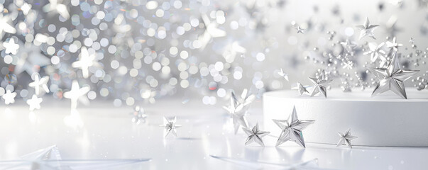 A serene white display podium adorned with shiny crystal stars. The stars' sparkling reflections create a pure and elegant atmosphere, complementing the clean white color.