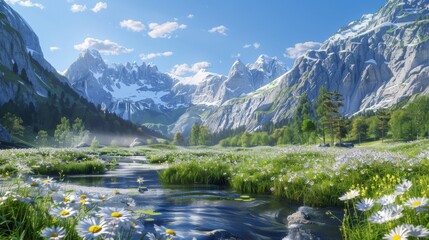 Mountain Stream with Wildflowers.