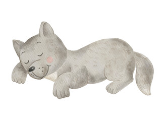 Obraz premium Cute Sleeping Wolf. Watercolor Illustration. Nursery Art.