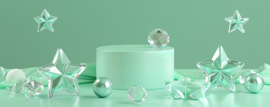 A soft seafoam green display podium adorned with shiny crystal stars. The stars' sparkling surfaces contrast beautifully with the gentle seafoam green hue, adding a touch of elegance and freshness.