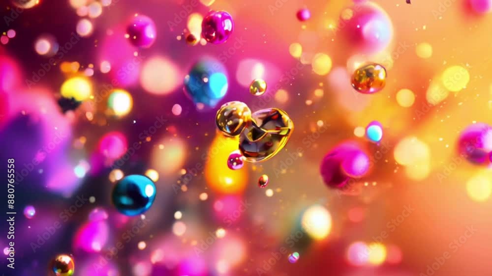 Poster volumetric rainbow colored balls floating on a festive blurred golden bokeh background