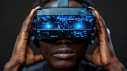 Close-up of a person wearing a VR headset, immersed in virtual reality with intricate digital graphics displayed on the device.