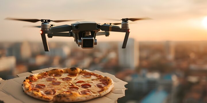 A quadcopter delivering pizza over a cityscape showcases future urban drone services. Concept Future Urban Drone Services, Quadcopter Delivery, Cityscape, Pizza Delivery, Innovative Technology