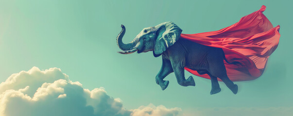 A superhero elephant in a red cape and mask, soaring gracefully on a light blue background. The elephant's impressive flight and the calming colors create a unique and powerful image.