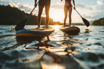 Couple stand up paddleboarding on the lake, close up photo