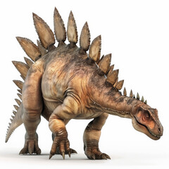A gentle Stegosaurus with its signature row of bony plates along its back and spiked tail, isolated on white background.