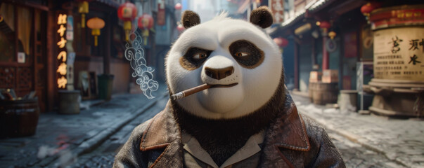 Naklejka premium A jovial panda in a detective coat, standing on a sidewalk and smoking a cigar. The panda's serious pose and the city street background enhance the funny scene.