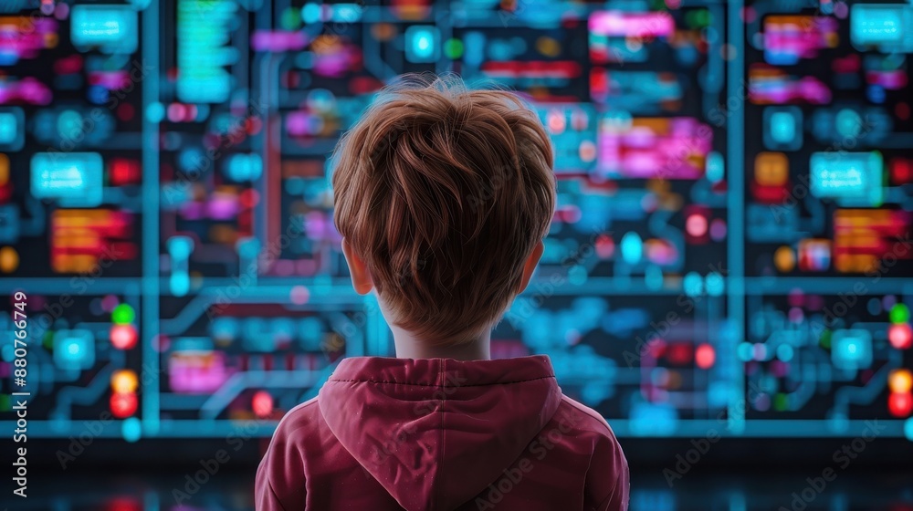 Wall mural young child sits in front of a vibrant, futuristic computer screen full of colorful digital data, re