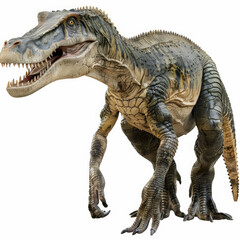 Naklejka premium A majestic Baryonyx with its long, crocodile-like snout and strong build, standing by a river, isolated on white background.