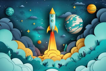 A rocket launch scene with planets and stars in the background, rendered as an intricate paper cut-out design