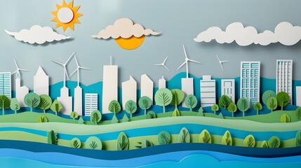 Fototapeta premium Eco-Friendly Cityscape with Renewable Energy Technologies and Lush Greenery