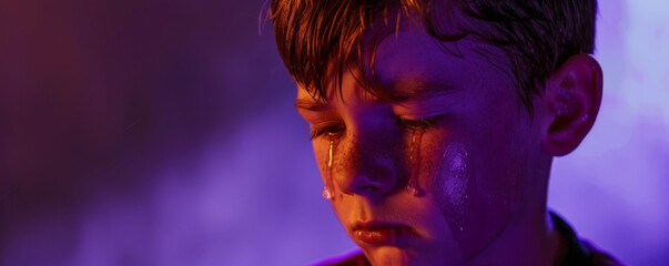 A teenage boy crying, tears falling steadily, set against a deep purple studio background. The rich color adds intensity to his emotional state.