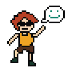Fototapeta premium Cute pixel cartoon 8bit character man exercises training dance lifestyle music decoration life style 8 bit male boy dance with music game fitness isolated PNG vector.