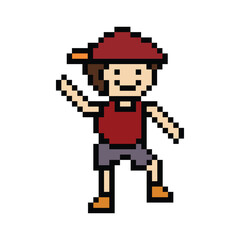 Cute pixel cartoon 8bit character man exercises training dance lifestyle music decoration life style 8 bit male boy dance with music game fitness isolated PNG vector.