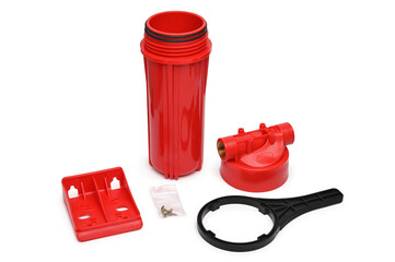 Red plastic filter housing for hot water purification