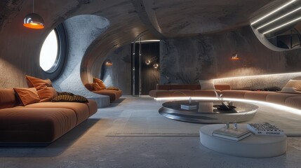 Futuristic living room interior with stylish sofas and unique architecture