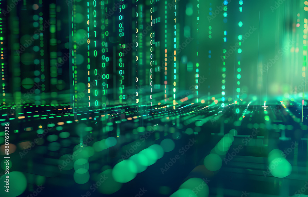 Poster digital binary code data streaming on a dark, greenish abstract background, reflecting the concept o