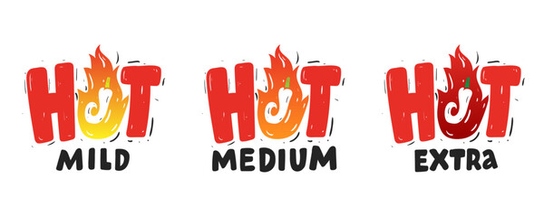 Set hot pepper strength scale. Indicator mild, medium, extra. Illustration spicy pepper with flame for sauce, food. Vector sign, logo, emblem, badge.