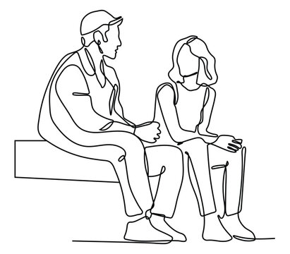 recommend clip art: continuous one line drawing of two young male workers chatting casually during office break.