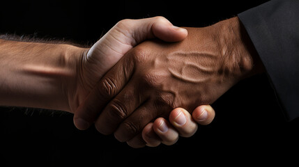 Close-up of a Handshake between a mature black hand with grey sleeve and a white hand on a dark background