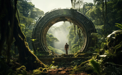 Circular green Metallic Sci-fi large Portal of an unknown alien technology into a tropical humid forest with an explorer in the center and lighting rays as background