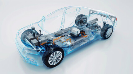 Electric sport Car without brand partially lightblue transparent to see battery wires and all the technical system on a white background