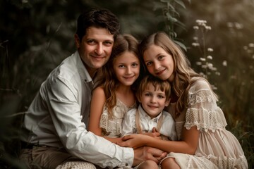 Portrait of a father with his two daughters and one son
