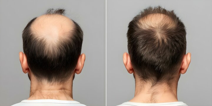 Scalp alopecia treatment progress comparison with hair regrowth visualized before and after. Concept Hair Regrowth Progress, Scalp Alopecia Treatment, Before and After Comparison, Visual Results